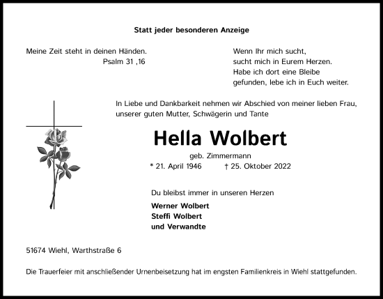 Anzeige von Hella Wolbert von Kölner Stadt-Anzeiger / Kölnische Rundschau / Express