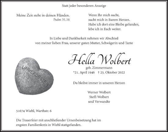 Anzeige von Hella Wolbert von  Anzeigen Echo 