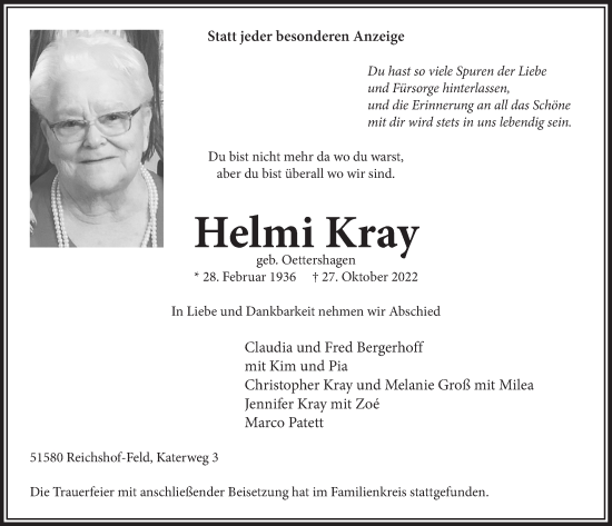 Anzeige von Helmi Kray von  Anzeigen Echo 