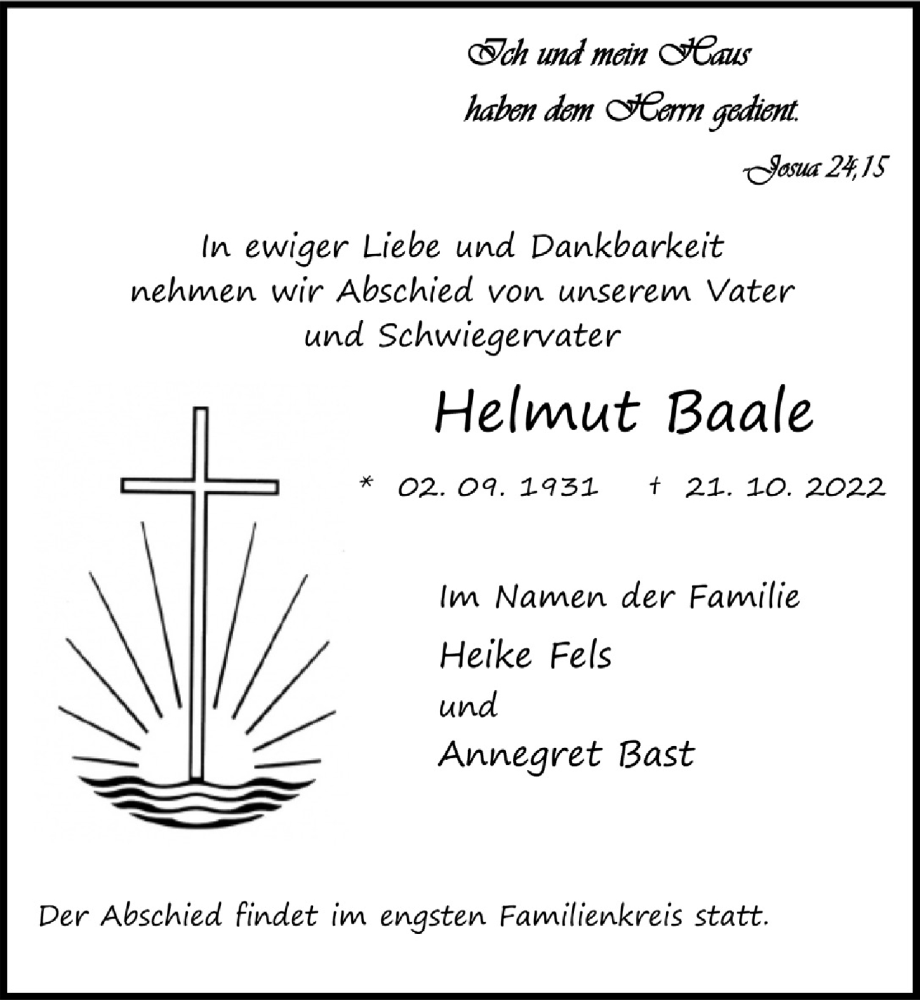  Traueranzeige für Helmut Baale vom 04.11.2022 aus  Lokale Informationen 