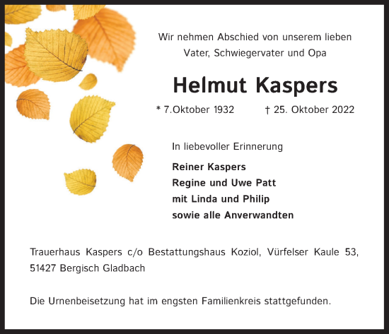 Anzeige von Helmut Kaspers von Kölner Stadt-Anzeiger / Kölnische Rundschau / Express