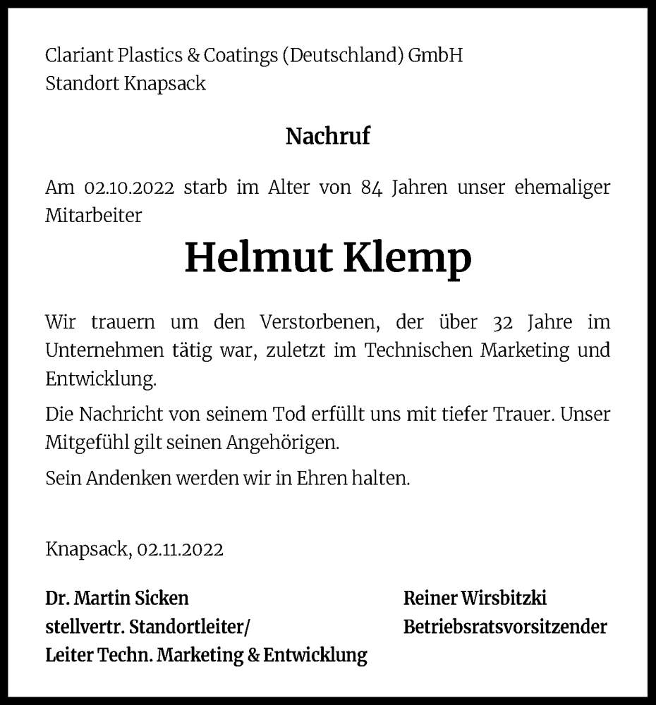  Traueranzeige für Helmut Klemp vom 12.11.2022 aus Kölner Stadt-Anzeiger / Kölnische Rundschau / Express
