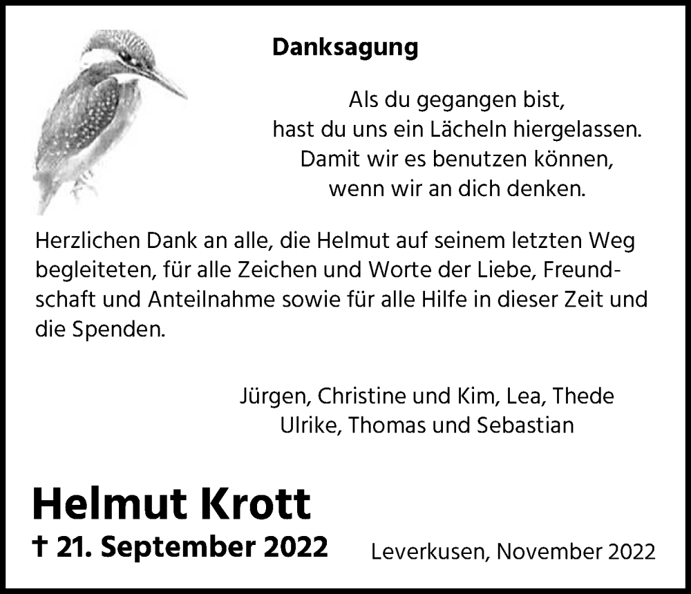  Traueranzeige für Helmut Krott vom 26.11.2022 aus Kölner Stadt-Anzeiger / Kölnische Rundschau / Express