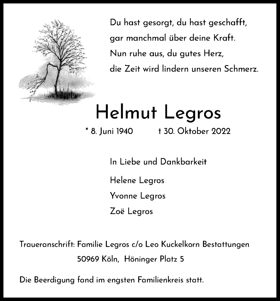  Traueranzeige für Helmut Legros vom 19.11.2022 aus Kölner Stadt-Anzeiger / Kölnische Rundschau / Express