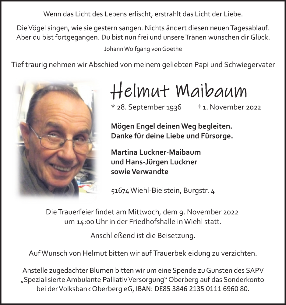  Traueranzeige für Helmut Maibaum vom 05.11.2022 aus Kölner Stadt-Anzeiger / Kölnische Rundschau / Express