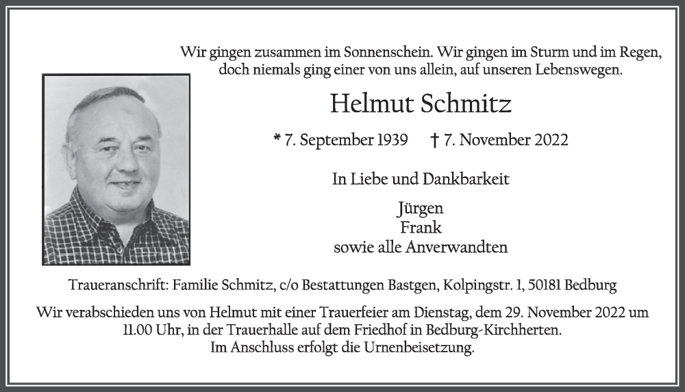  Traueranzeige für Helmut Schmitz vom 18.11.2022 aus  Werbepost 
