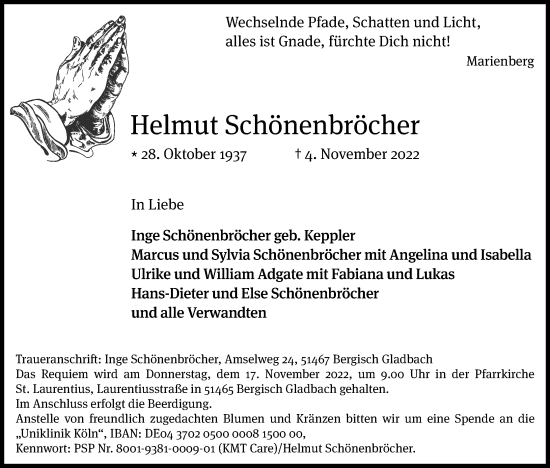 Anzeige von Helmut Schönenbröcher von Kölner Stadt-Anzeiger / Kölnische Rundschau / Express