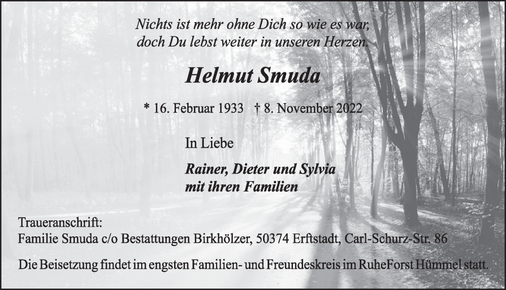  Traueranzeige für Helmut Smuda vom 18.11.2022 aus  Werbepost 