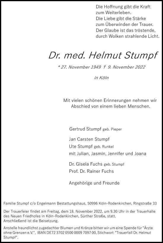 Anzeige von Helmut Stumpf von Kölner Stadt-Anzeiger / Kölnische Rundschau / Express