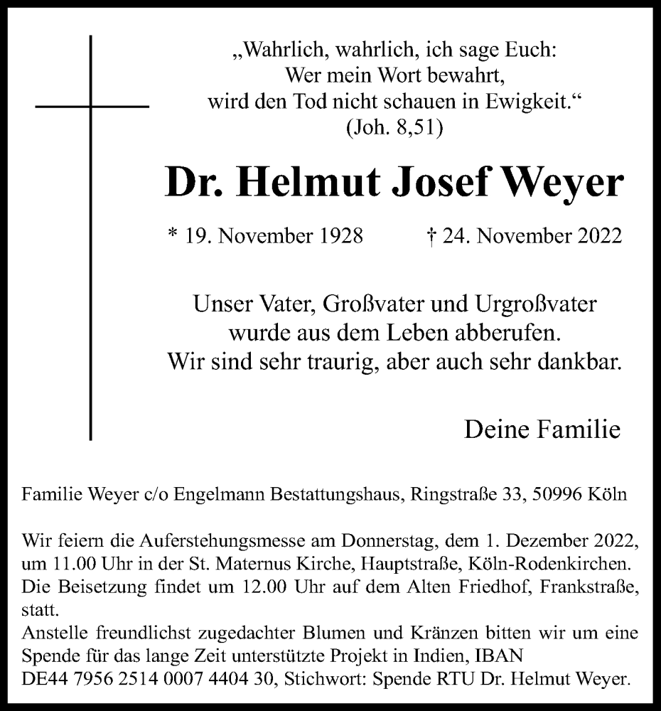  Traueranzeige für Helmut Josef Weyer vom 29.11.2022 aus Kölner Stadt-Anzeiger / Kölnische Rundschau / Express