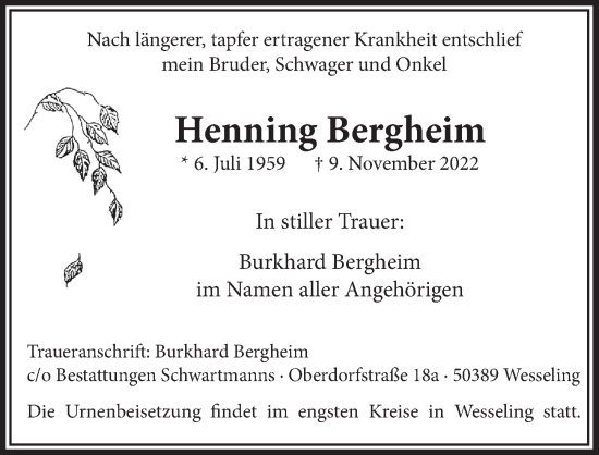 Anzeige von Henning Bergheim von  Schlossbote/Werbekurier 