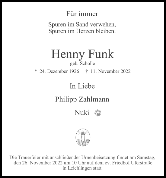 Anzeige von Henny Funk von Kölner Stadt-Anzeiger / Kölnische Rundschau / Express