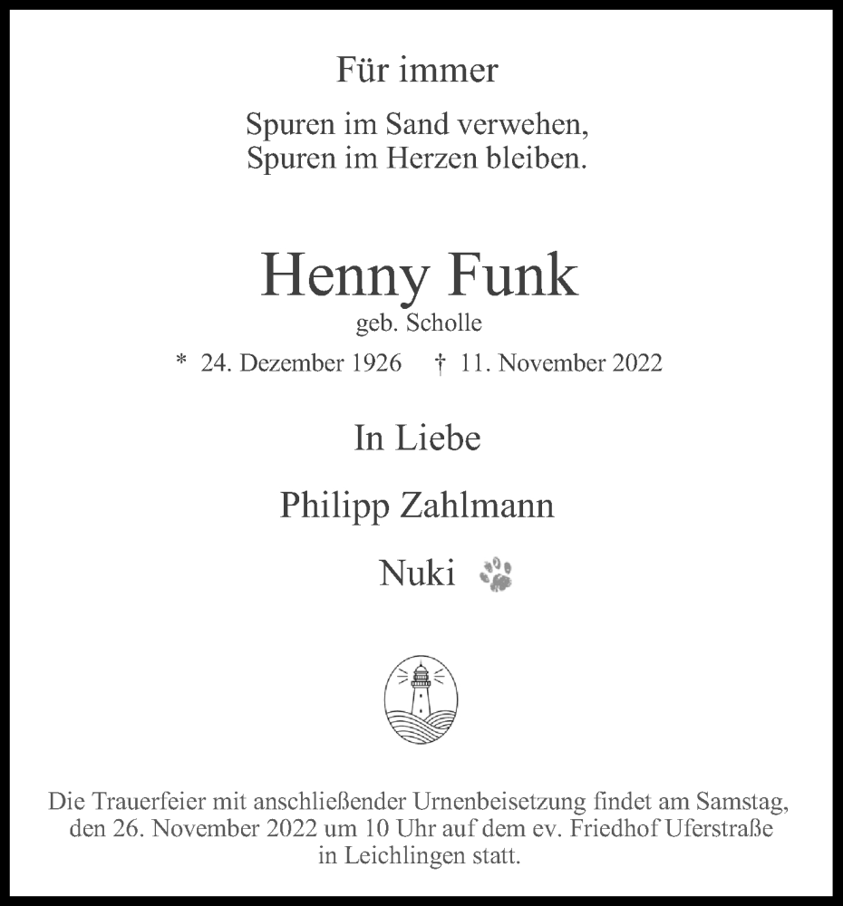  Traueranzeige für Henny Funk vom 19.11.2022 aus Kölner Stadt-Anzeiger / Kölnische Rundschau / Express
