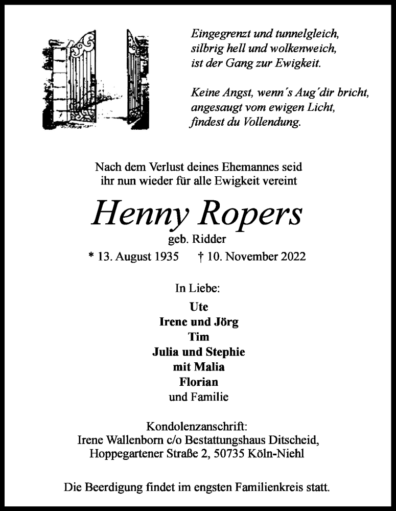  Traueranzeige für Henny Ropers vom 19.11.2022 aus Kölner Stadt-Anzeiger / Kölnische Rundschau / Express
