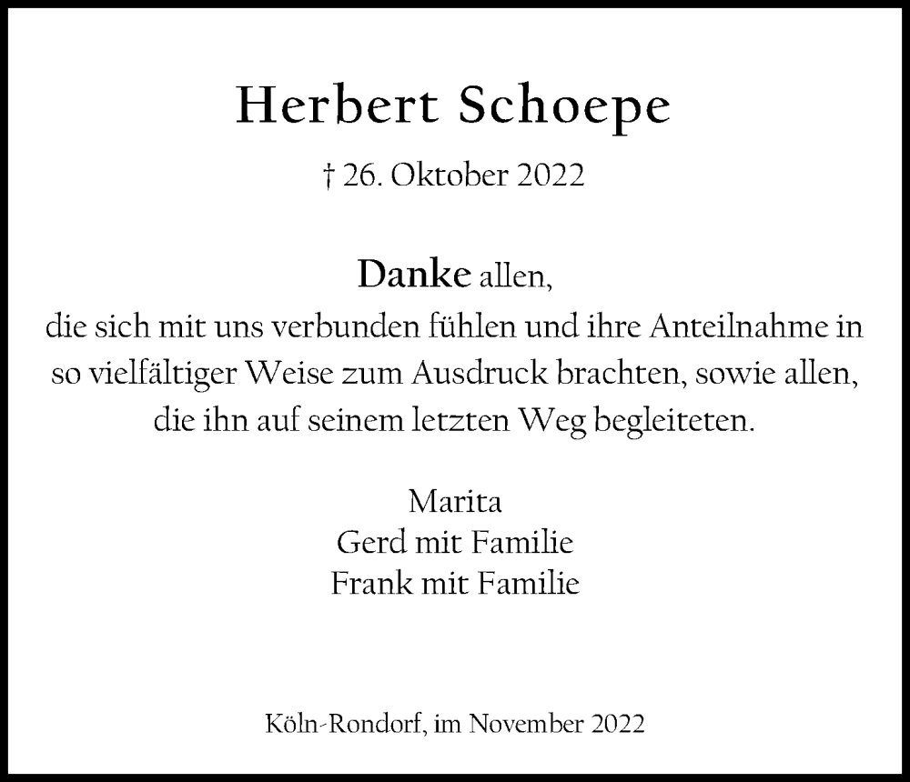  Traueranzeige für Herbert Schoepe vom 26.11.2022 aus Kölner Stadt-Anzeiger / Kölnische Rundschau / Express