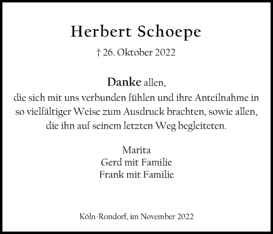 Anzeige von Herbert Schoepe von Kölner Stadt-Anzeiger / Kölnische Rundschau / Express