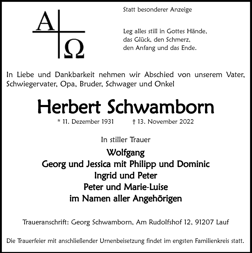  Traueranzeige für Herbert Schwamborn vom 25.11.2022 aus  Anzeigen Echo 