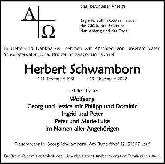 Anzeige von Herbert Schwamborn von Kölner Stadt-Anzeiger / Kölnische Rundschau / Express