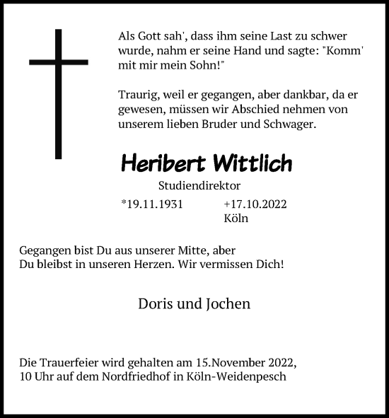 Anzeige von Heribert Wittlich von Kölner Stadt-Anzeiger / Kölnische Rundschau / Express
