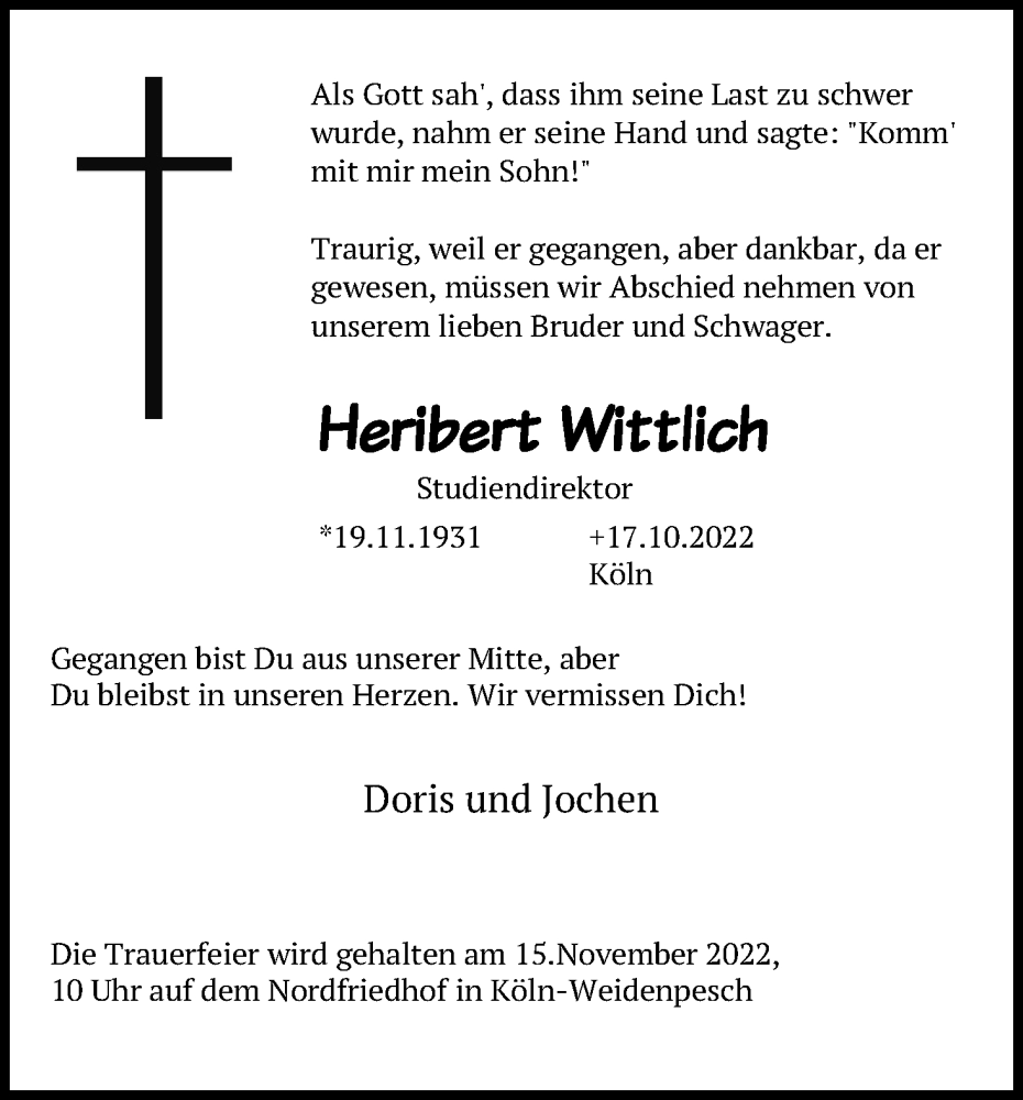  Traueranzeige für Heribert Wittlich vom 05.11.2022 aus Kölner Stadt-Anzeiger / Kölnische Rundschau / Express