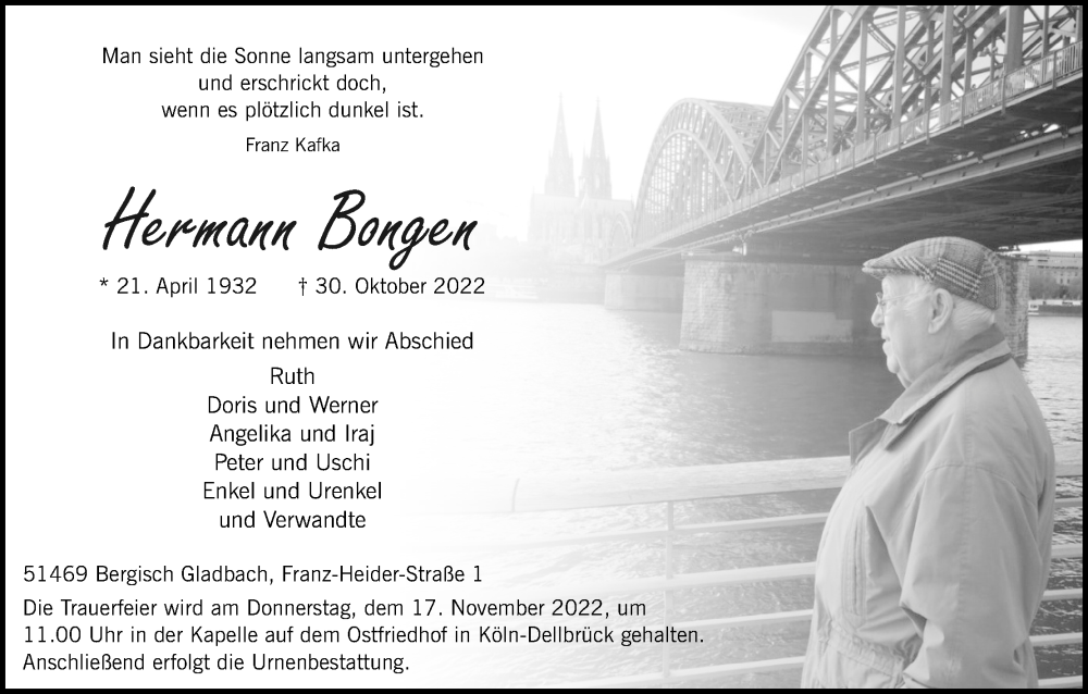  Traueranzeige für Hermann Bongen vom 05.11.2022 aus Kölner Stadt-Anzeiger / Kölnische Rundschau / Express