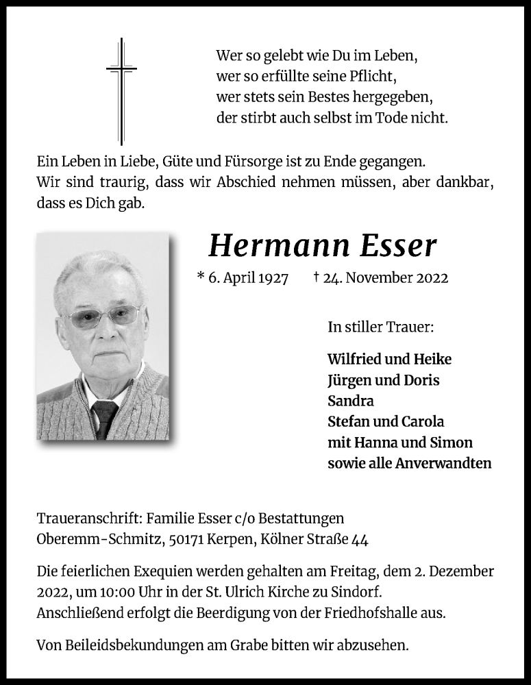  Traueranzeige für Hermann Esser vom 29.11.2022 aus Kölner Stadt-Anzeiger / Kölnische Rundschau / Express