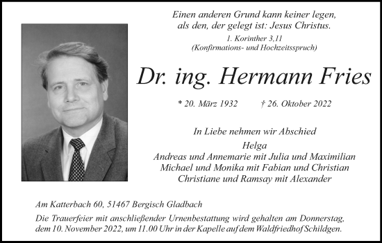 Anzeige von Hermann Fries von Kölner Stadt-Anzeiger / Kölnische Rundschau / Express