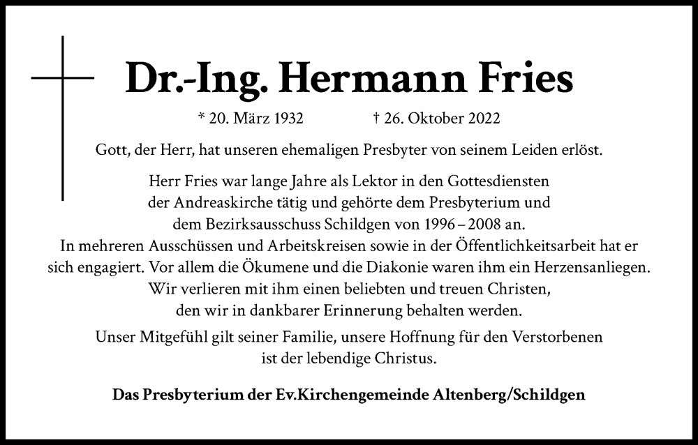  Traueranzeige für Hermann Fries vom 08.11.2022 aus Kölner Stadt-Anzeiger / Kölnische Rundschau / Express