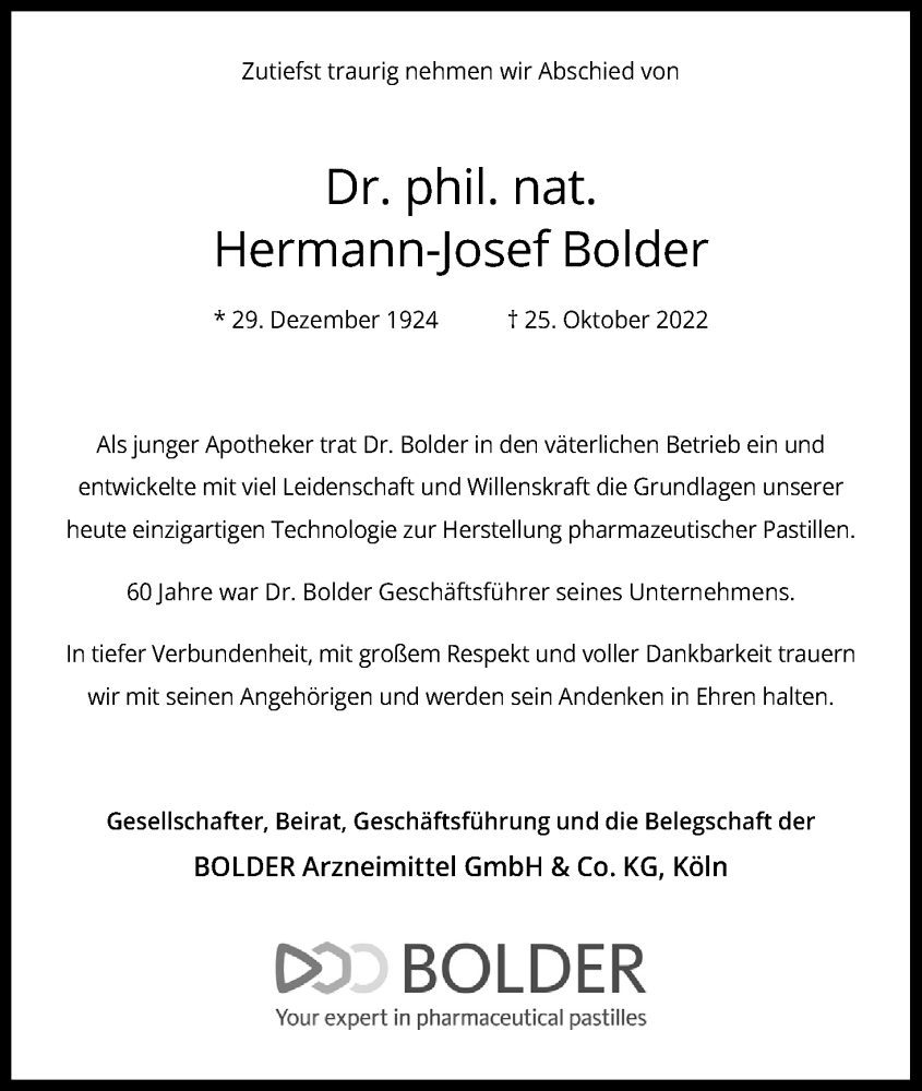  Traueranzeige für Hermann-Josef Bolder vom 12.11.2022 aus Kölner Stadt-Anzeiger / Kölnische Rundschau / Express