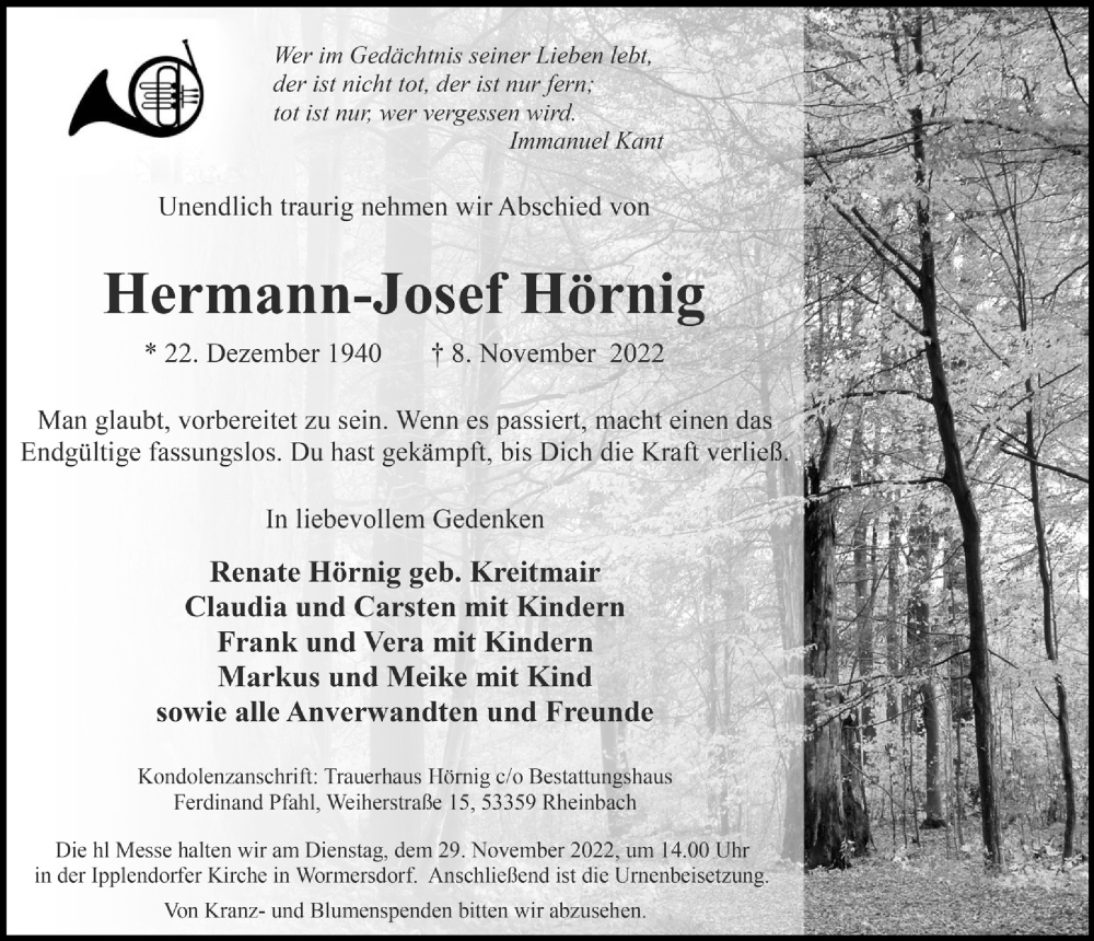  Traueranzeige für Hermann-Josef Hörnig vom 18.11.2022 aus  Schaufenster/Blickpunkt 
