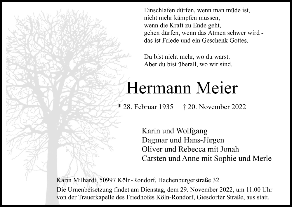  Traueranzeige für Hermann Meier vom 26.11.2022 aus Kölner Stadt-Anzeiger / Kölnische Rundschau / Express