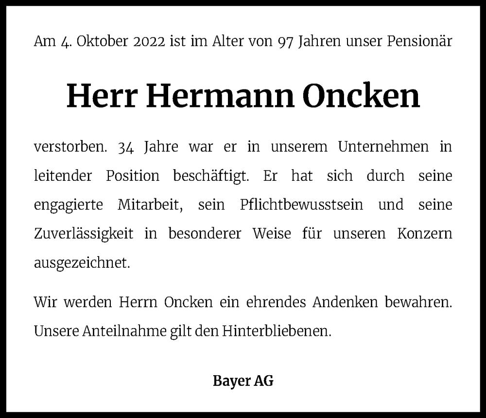  Traueranzeige für Hermann Oncken vom 07.11.2022 aus Kölner Stadt-Anzeiger / Kölnische Rundschau / Express