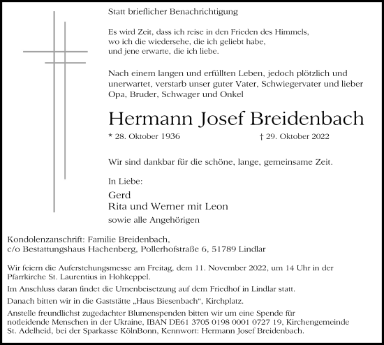Anzeige von Hermann Josef Breidenbach von Kölner Stadt-Anzeiger / Kölnische Rundschau / Express