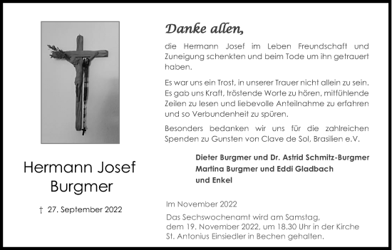 Anzeige von Hermann Josef Burgmer von Kölner Stadt-Anzeiger / Kölnische Rundschau / Express