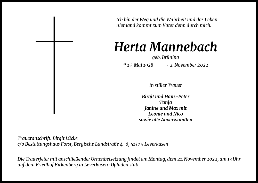  Traueranzeige für Herta Mannebach vom 16.11.2022 aus Kölner Stadt-Anzeiger / Kölnische Rundschau / Express