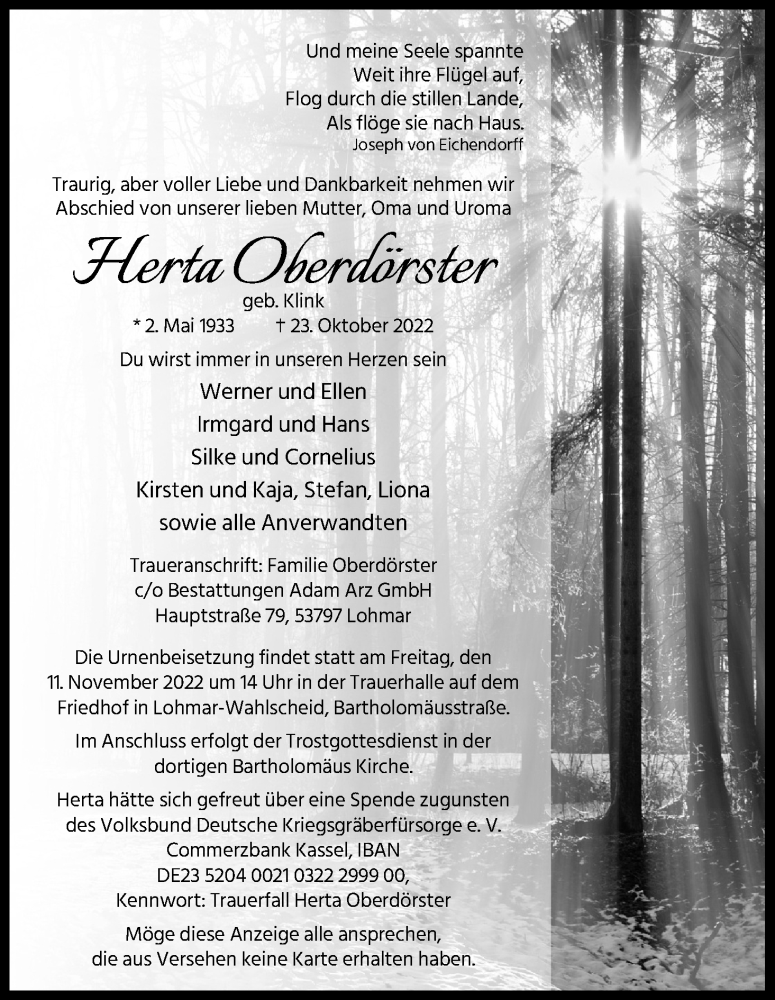  Traueranzeige für Herta Oberdörster vom 05.11.2022 aus Kölner Stadt-Anzeiger / Kölnische Rundschau / Express