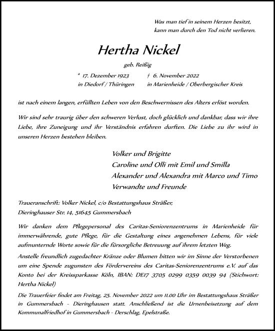 Anzeige von Hertha Nickel von Kölner Stadt-Anzeiger / Kölnische Rundschau / Express