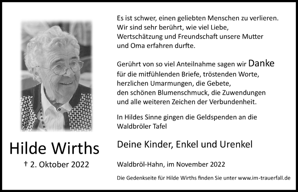  Traueranzeige für Hilde Wirths vom 04.11.2022 aus  Lokalanzeiger 