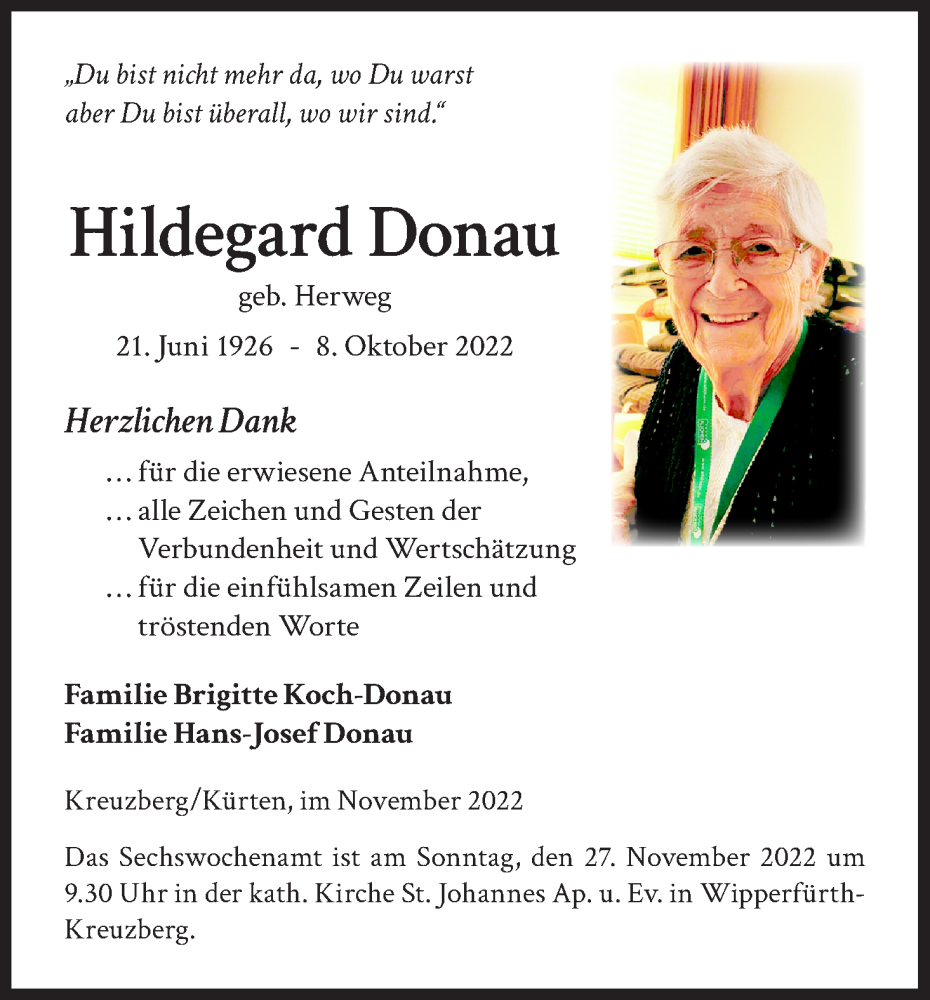  Traueranzeige für Hildegard Donau vom 12.11.2022 aus Kölner Stadt-Anzeiger / Kölnische Rundschau / Express