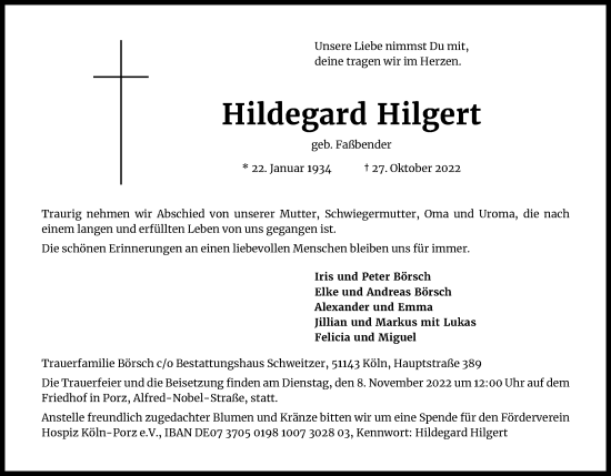 Anzeige von Hildegard Hilgert von Kölner Stadt-Anzeiger / Kölnische Rundschau / Express