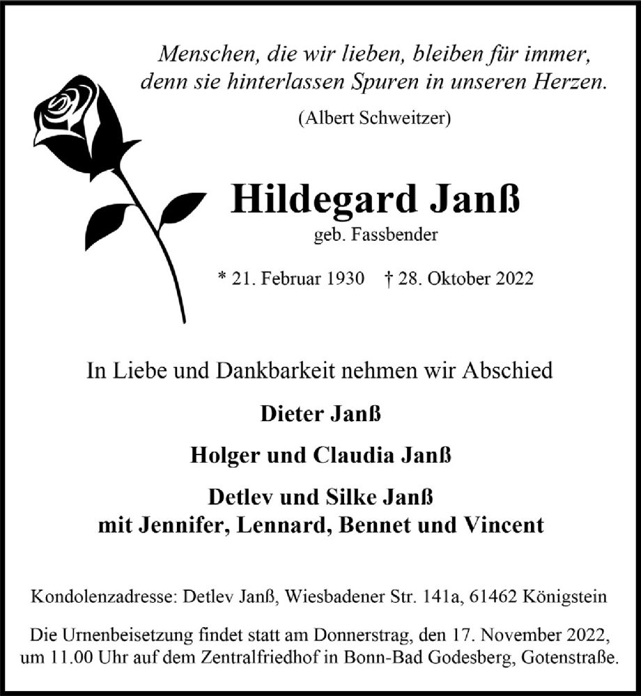  Traueranzeige für Hildegard Janß vom 11.11.2022 aus  Bergisches Handelsblatt 