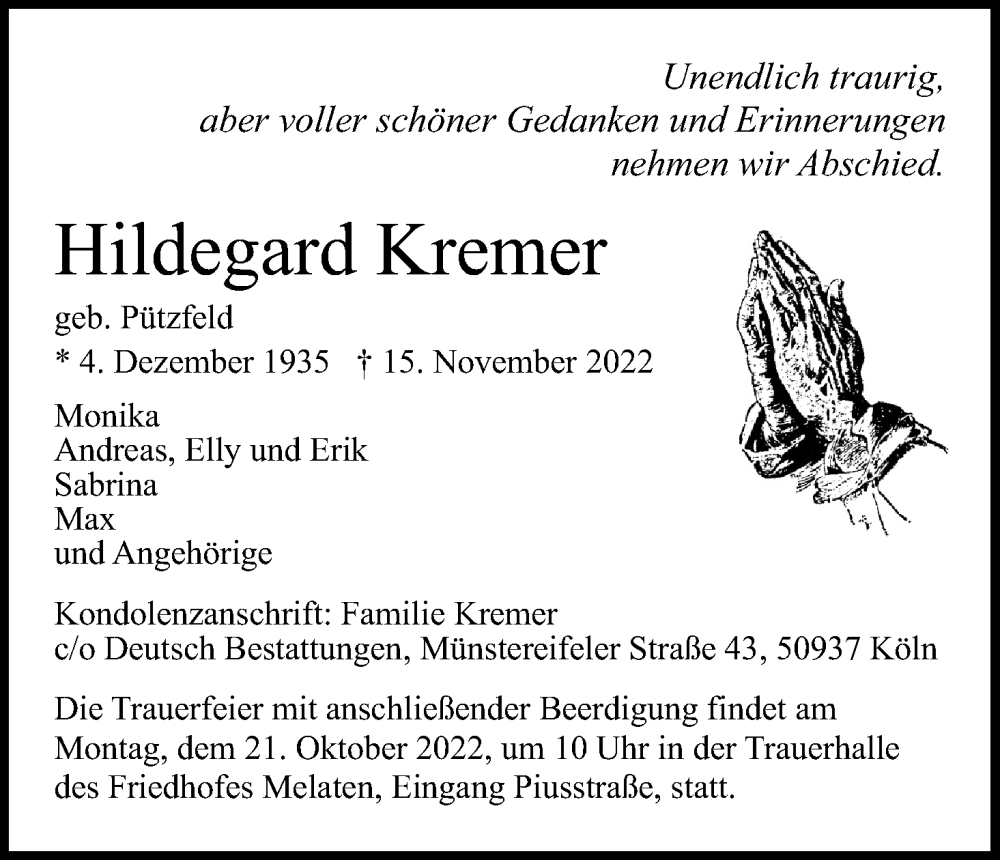  Traueranzeige für Hildegard Kremer vom 19.11.2022 aus Kölner Stadt-Anzeiger / Kölnische Rundschau / Express