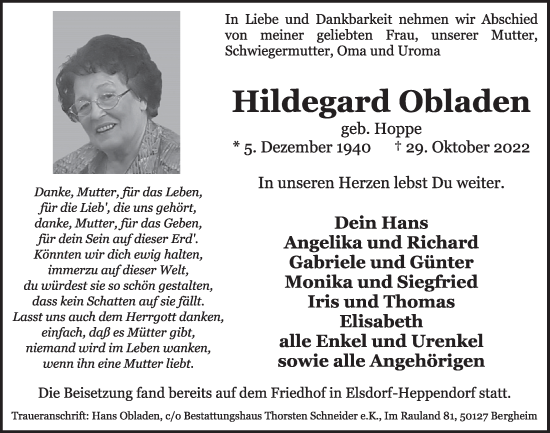 Anzeige von Hildegard Obladen von  Werbepost 
