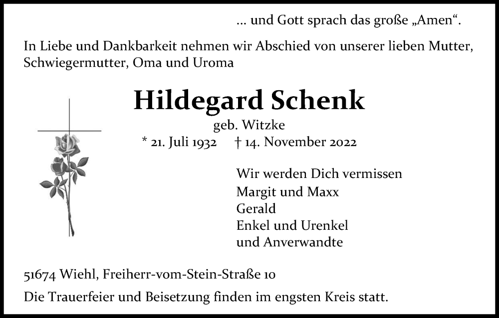  Traueranzeige für Hildegard Schenk vom 16.11.2022 aus Kölner Stadt-Anzeiger / Kölnische Rundschau / Express
