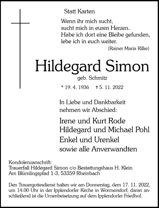 Anzeige von Hildegard Simon von  Schaufenster/Blickpunkt 