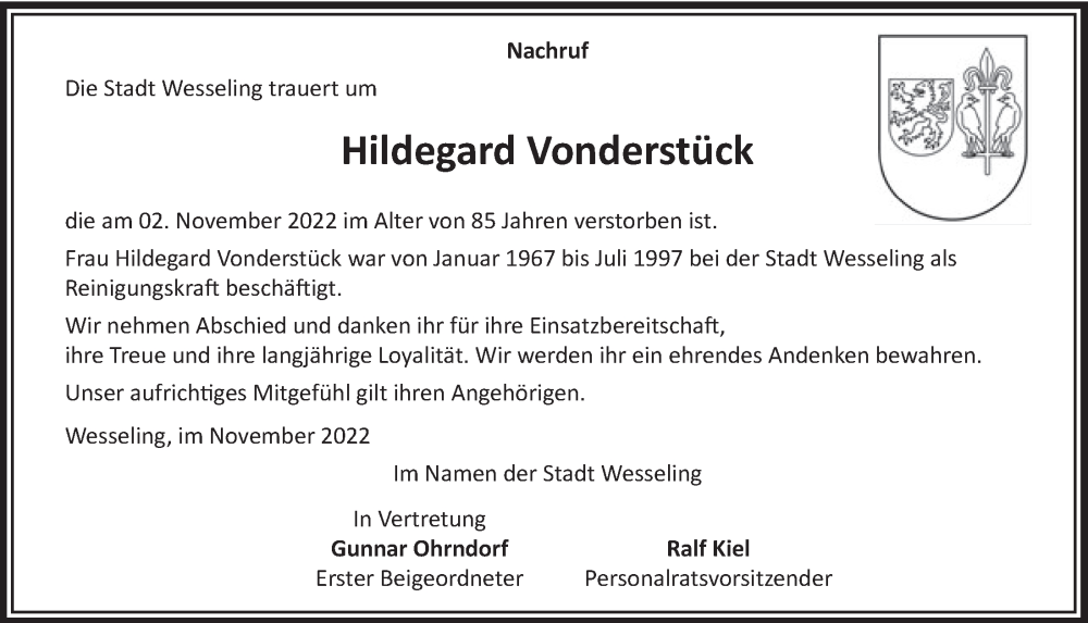  Traueranzeige für Hildegard Vonderstück vom 18.11.2022 aus  Schlossbote/Werbekurier 