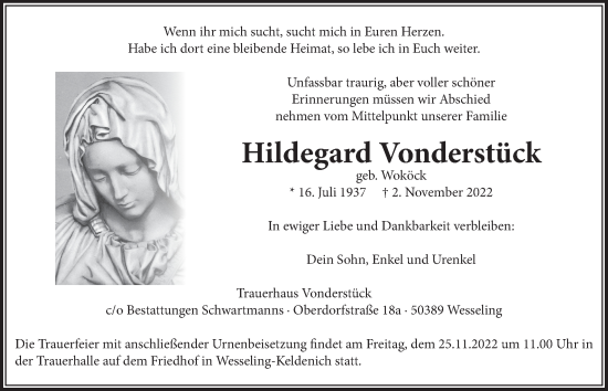 Anzeige von Hildegard Vonderstück von  Schlossbote/Werbekurier 