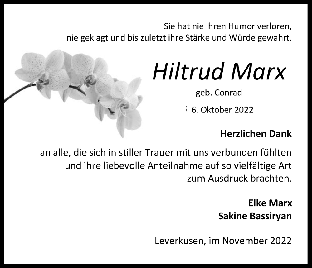  Traueranzeige für Hiltrud Marx vom 05.11.2022 aus Kölner Stadt-Anzeiger / Kölnische Rundschau / Express