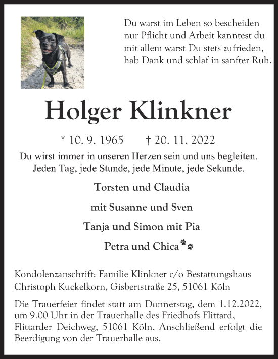 Anzeige von Holger Klinkner von Kölner Stadt-Anzeiger / Kölnische Rundschau / Express