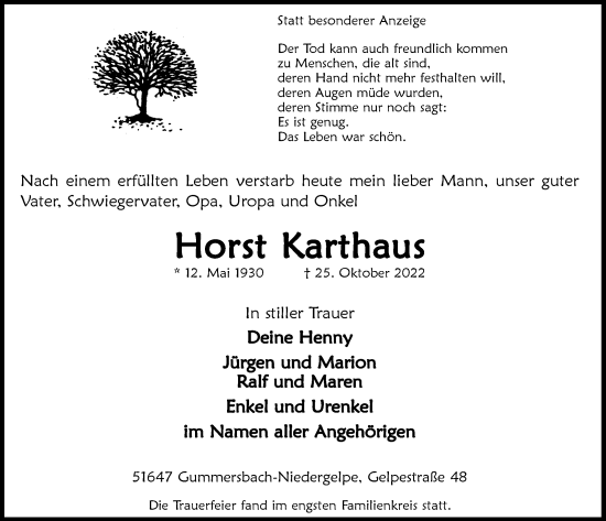 Anzeige von Horst Karthaus von  Anzeigen Echo 